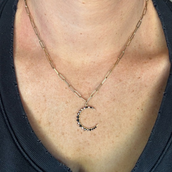 14k Gold and Black Diamond Moon Pendant - Picture 3 of 7